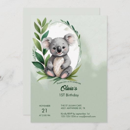 Schattige Koala Beer Waterverf Groen Verjaardag Kaart (Voorkant / Achterkant)