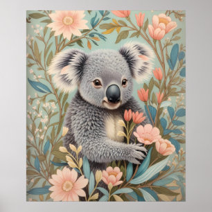 Schattige Koala Elegante Pastel Bloemen Poster