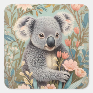 Schattige Koala Elegante Pastel Bloemen Vierkante Sticker