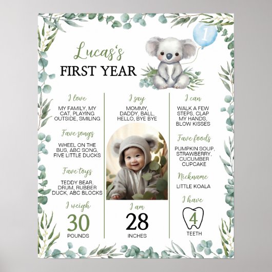 Schattige Koala Greenery Eerste jaar Foto Mileston Poster (Voorkant)