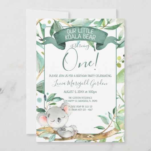 Schattige Koala Groen Grijs Eerste Verjaardagsfees Kaart (Voorkant)