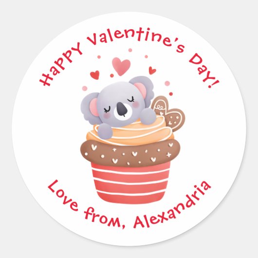 Schattige Koala in Cupcake Aangepaste Valentijnsda Ronde Sticker (Voorkant)