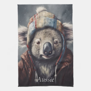 Schattige Koala in Winterhoed Aangepaste Naam Theedoek