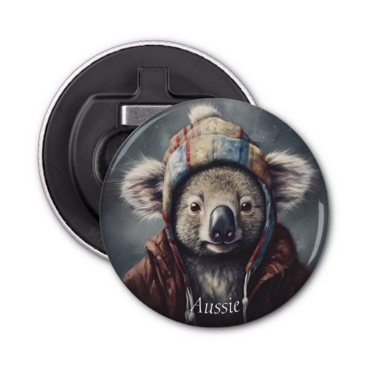 Schattige koala met schattig pet op maat button flesopener (Voorkant)