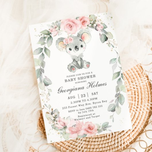 Schattige Koala Roze Bloemen Salie Groen Baby show Kaart