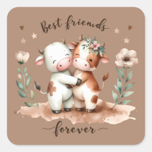 Schattige Koe Beste Vrienden Knuffelen Bloemrijke Vierkante Sticker