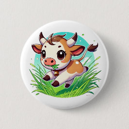 Schattige koe die door een veld loopt ronde button 5,7 cm