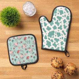 Schattige koe en koeienprint ovenwant & pannenlap set