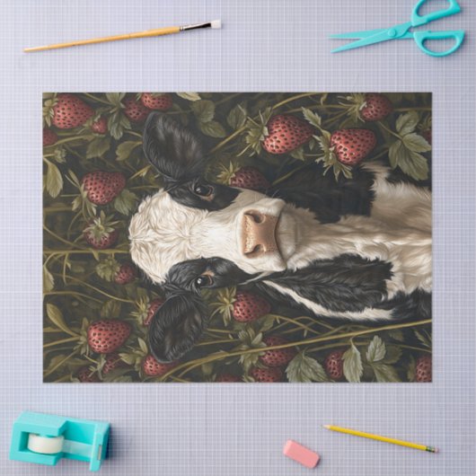 Schattige Koe Kalf Aardbei Achtergrond Decoupage Tissuepapier (Craft)