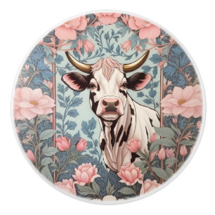 Schattige Koe met Roze Bloemige Achtergrond Keramische Knop