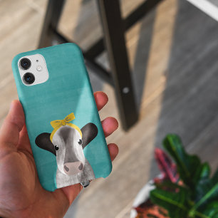 Schattige koe met strik turquoise blauw iPhone 15 case