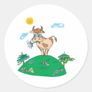 schattige koe op heuveltop ronde sticker