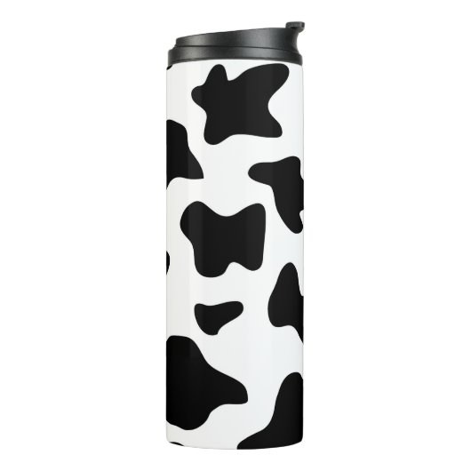 schattige koe op zwarte en witte boerderij thermosbeker (Gedraaid links)