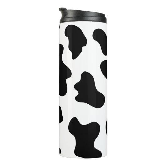 schattige koe op zwarte en witte boerderij thermosbeker (Geroteerd rechts)