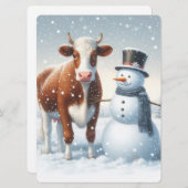 Schattige koe & sneeuwman in het winterveld feestdagenkaart (Voorkant / Achterkant)