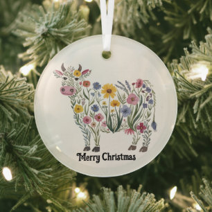 Schattige Koe, Waterverf Wilde Bloemen, Landelijk, Glas Ornament