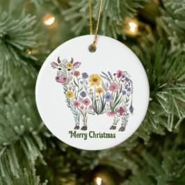 Schattige Koe, Waterverf Wilde Bloemen, Landelijk, Keramisch Ornament