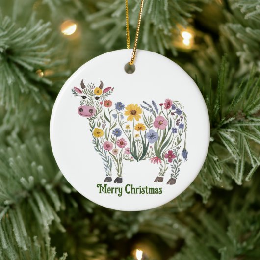 Schattige Koe, Waterverf Wilde Bloemen, Landelijk, Keramisch Ornament (Boom)