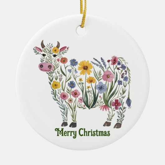 Schattige Koe, Waterverf Wilde Bloemen, Landelijk, Keramisch Ornament (Voorkant)