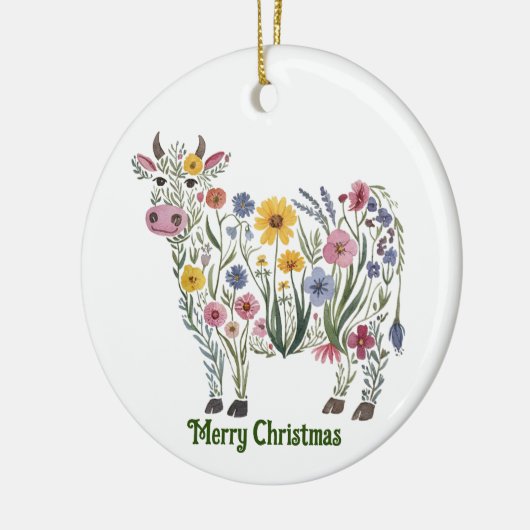 Schattige Koe, Waterverf Wilde Bloemen, Landelijk, Keramisch Ornament (Links)