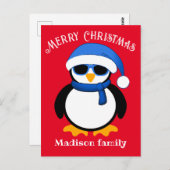Schattige koele pinguïn Prettig kerstfeest rood Briefkaart (Voorkant / Achterkant)