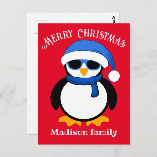 Schattige koele pinguïn Prettig kerstfeest rood Briefkaart (Voorkant / Achterkant)