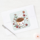 Schattige koffie en bloemen grillig vierkante sticker (Envelop)