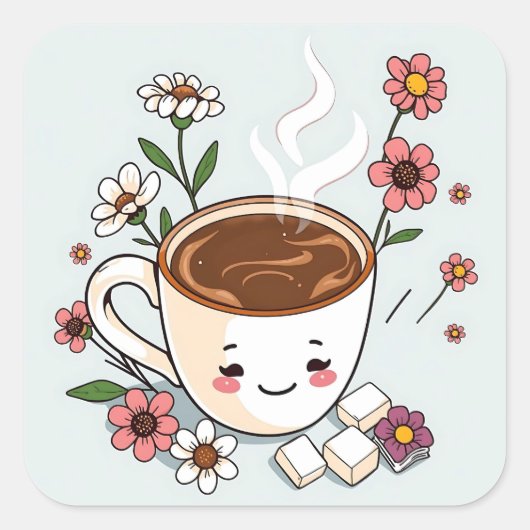 Schattige koffie en bloemen Whimsical Vierkante Sticker (Voorkant)