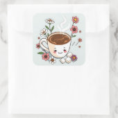 Schattige koffie en bloemen Whimsical Vierkante Sticker (Tas)