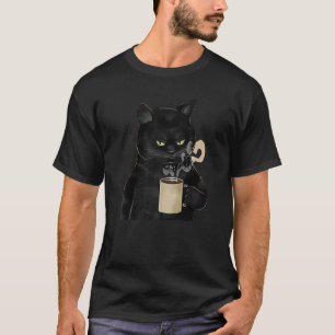 Schattige Koffie Kat Vintage Kat Zwarte Grafische T-shirt