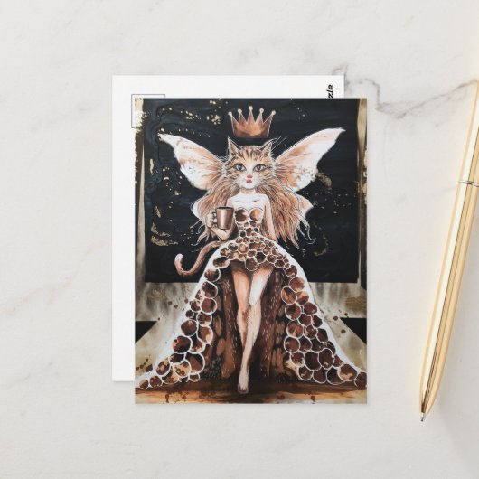 Schattige Koffie Kattenfee in het Mode Show Briefkaart (Voorkant / Achterkant in situ)