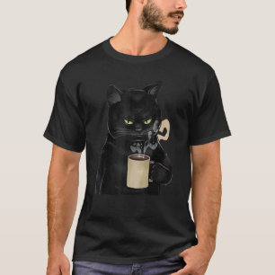 Schattige koffiekat Vintage kat Zwarte grafische T-shirt