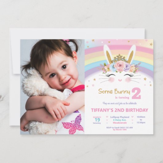 Schattige konijn 1e verjaardag meisjes regenboog k kaart (Voorkant)