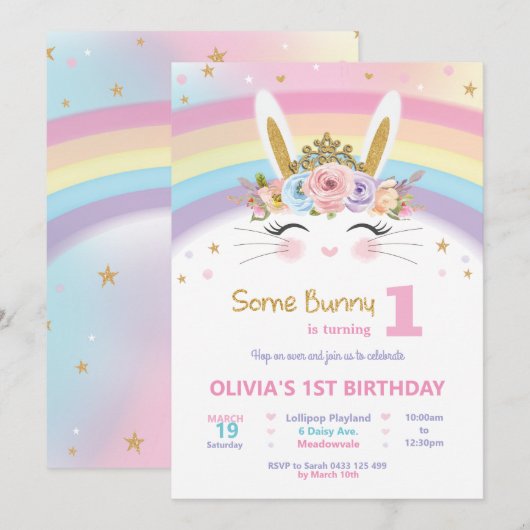 Schattige konijn 1e Verjaardag Meisjes Regenboog K Kaart (Voorkant / Achterkant)