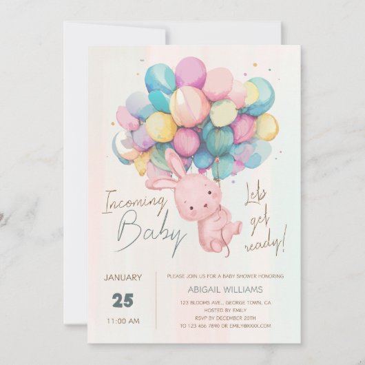 Schattige Konijn & Ballonnen Baby shower Uitnodigi Feestdagenkaart (Voorkant)