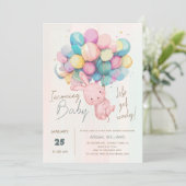 Schattige Konijn & Ballonnen Baby shower Uitnodigi Feestdagenkaart (Staand voorkant)