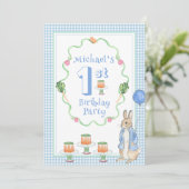 Schattige konijn blauw 1e verjaardagsfeestje kaart (Staand voorkant)