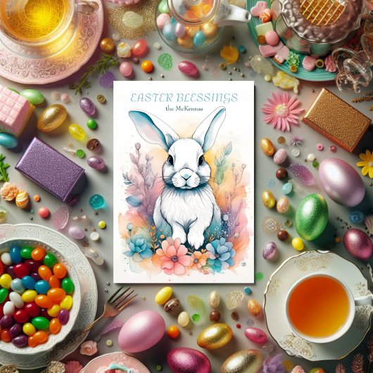 Schattige Konijn Bloemen Waterverf Pasen Kaart