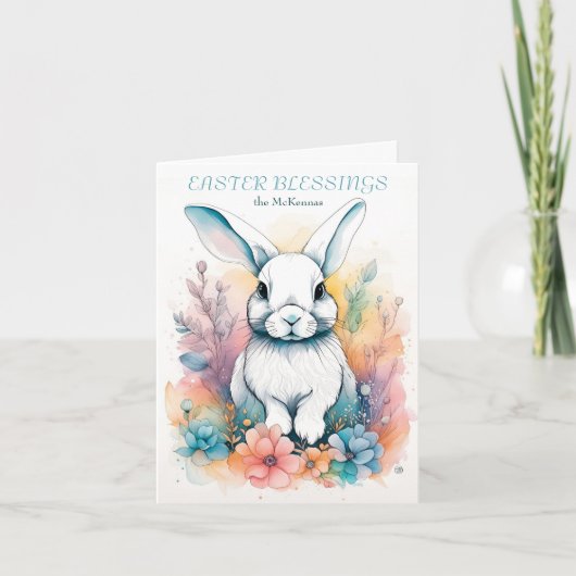 Schattige Konijn Bloemen Waterverf Pasen Kaart (Voorkant)