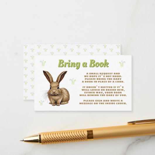 Schattige konijn brengt een boek Baby shower Informatiekaartje (Voorkant / Achterkant in situ)