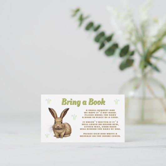 Schattige konijn brengt een boek Baby shower Informatiekaartje (Staand voorkant)