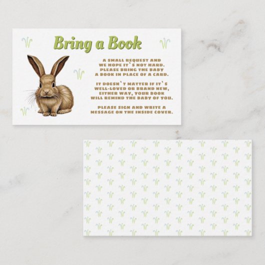 Schattige konijn brengt een boek Baby shower Informatiekaartje (Voorkant / Achterkant)