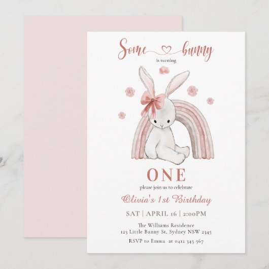 Schattige konijn draait eerste verjaardag van een  kaart (Voorkant / Achterkant)