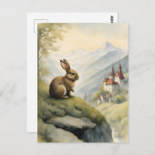 Schattige konijn en een mystiek kasteel in de berg briefkaart (Voorkant / Achterkant)