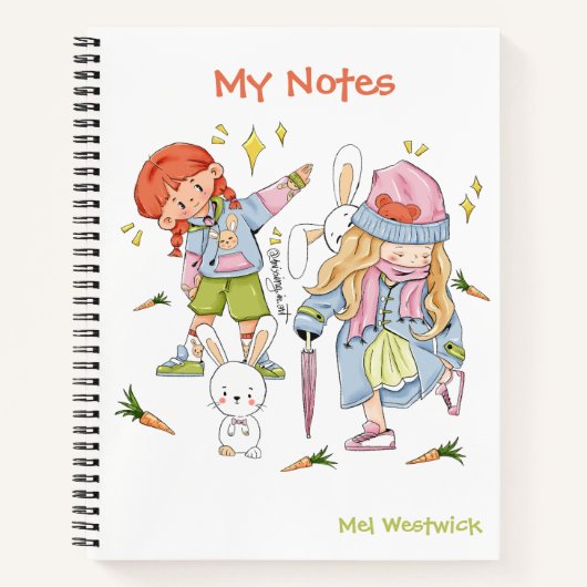Schattige konijn en meisjes Mijn notities BEWERKBA Notitieboek (Voorkant)