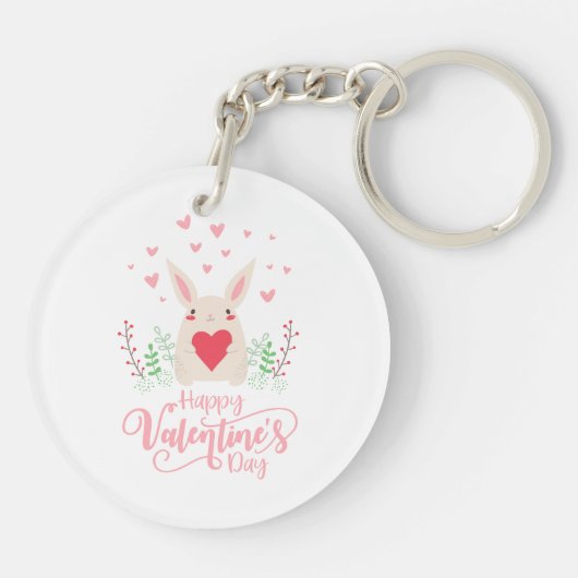 Schattige konijn Happy Valentine's Day | Button Sl Sleutelhanger (Achterkant)