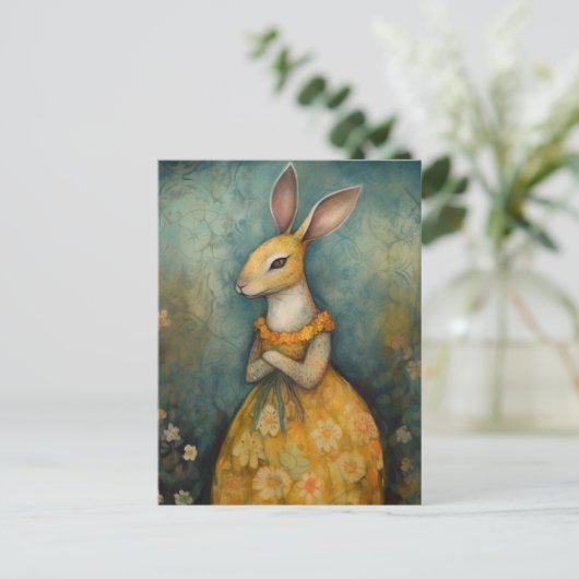 Schattige konijn in een gele bloemenjurk briefkaart (Staand voorkant)