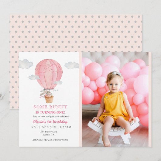 Schattige konijn in heteluchtballon 1e verjaardag kaart (Voorkant / Achterkant)