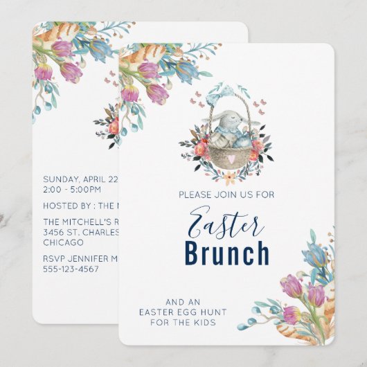 Schattige konijn in mand & tulp bloemetjes paasbru kaart (Voorkant / Achterkant)