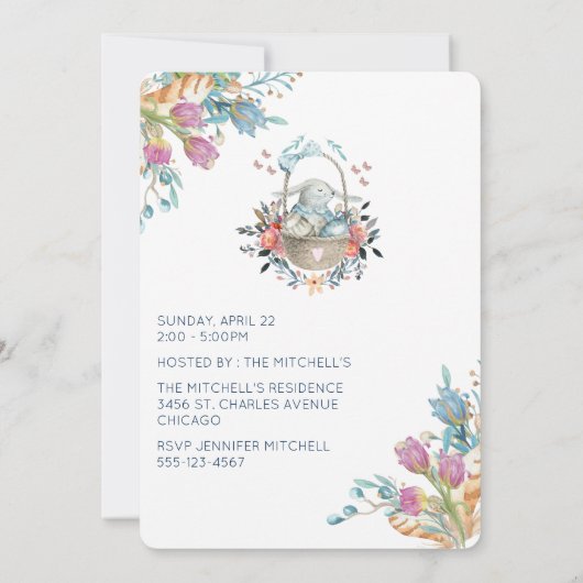 Schattige konijn in mand & tulp bloemetjes paasbru kaart (Achterkant)